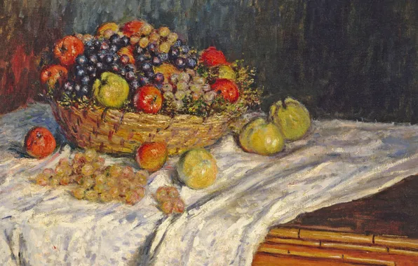 Table, picture, tablecloth, Claude Monet, Still life with Apples and Grapes