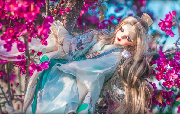 Picture toy, doll, kimono, flowering, flowers
