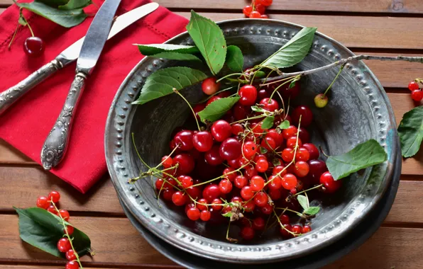 Leaves, cherry, berries, knife, bowl, currants