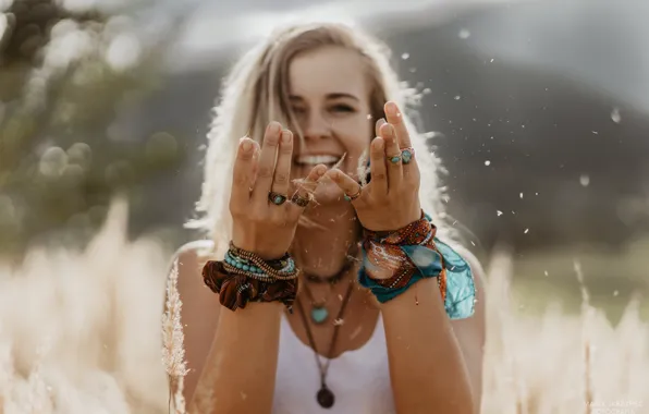 Grass, the sun, decoration, pose, background, model, portrait, ring