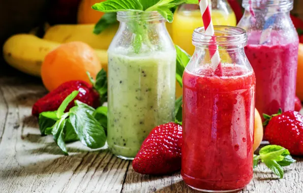 Kiwi, strawberry, lime, bottle, banana, drinks, mint, fresh