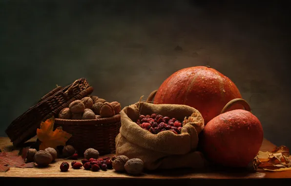 Leaves, table, basket, yellow, pumpkin, nuts, still life, bag