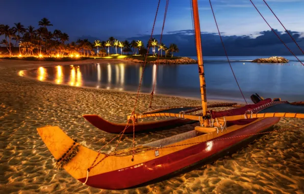 Picture sea, the sky, night, lights, palm trees, shore, boat, hdr
