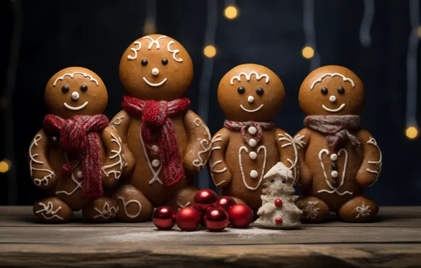 Balls, night, lights, the dark background, Board, men, cookies, Christmas
