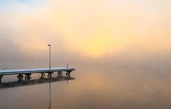 Misty, lake, pier, sunlight, ducks, frosty, lamp post