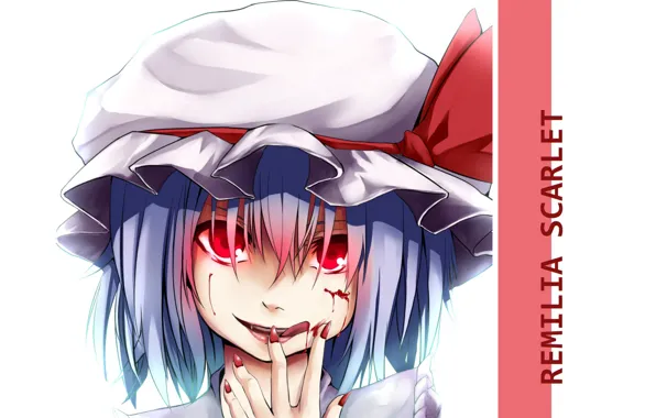 Red eyes, hunger, madness, Remilia Scarlet, hell of a grin, face, touhou project, blood on …
