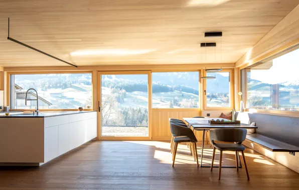 The sun, light, mountains, sofa, tree, chairs, interior, sink