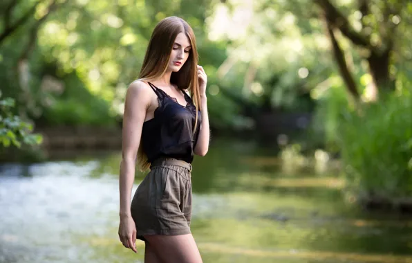 Picture greens, girl, the sun, trees, nature, sexy, pose, pond