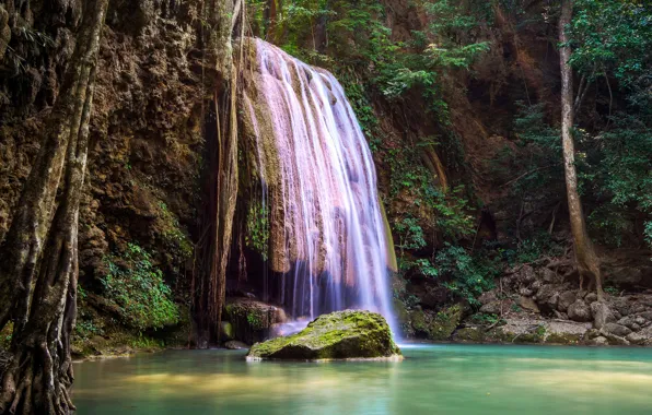 Picture forest, trees, stones, rocks, waterfall, moss, Thailand, Erawan National Park