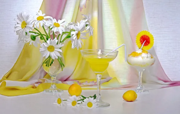Picture summer, flowers, chamomile, bouquet, juice, ice cream, still life, drinks