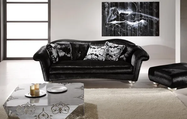 Sofa, black, interior, chair, room. apartment