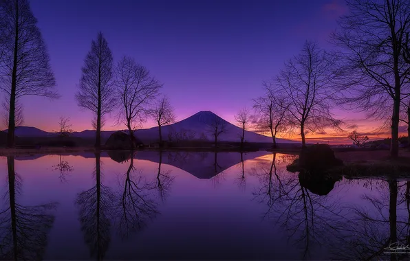 The sky, reflection, mountain, Japan, Fuji