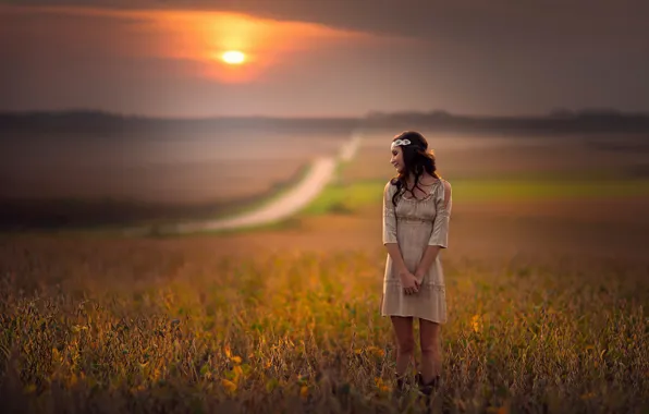Road, field, girl, the sun