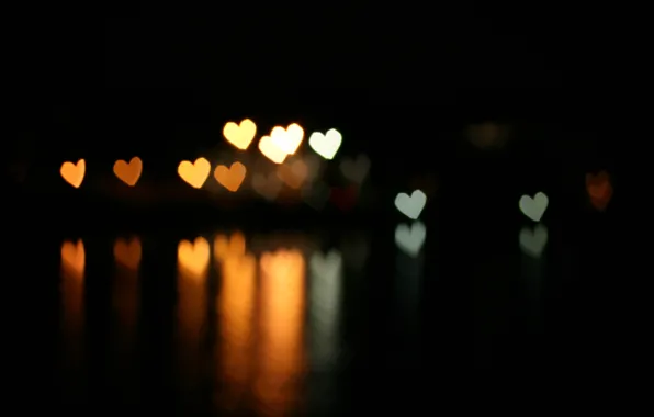 Picture reflection, hearts, bokeh, bokeh effect, the dark background
