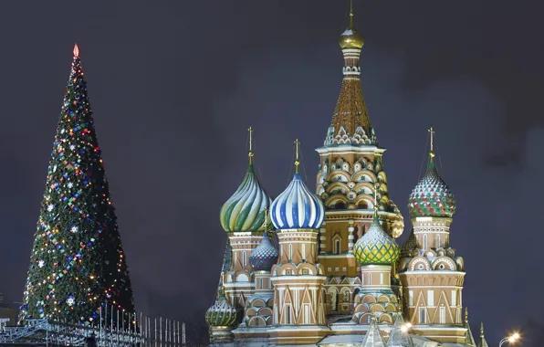 Tree, spruce, Christmas, Moscow, New year, The Kremlin, St. Basil's Cathedral, Red square