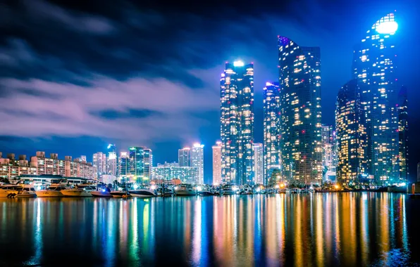 Picture building, yachts, night city, boats, skyscrapers, South Korea, harbour, South Korea