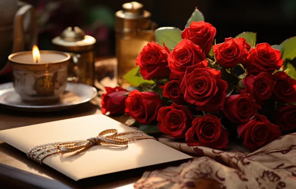 Light, flowers, table, holiday, gift, roses, candle, bouquet