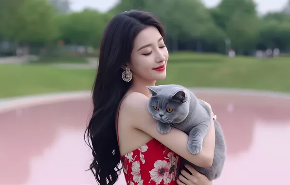 Cat, girl, lake, Park, earrings, Asian, red dress, long hair