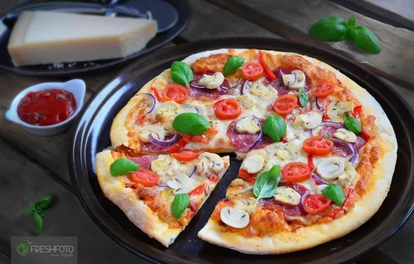 Mushrooms, pizza, tomatoes, Basil