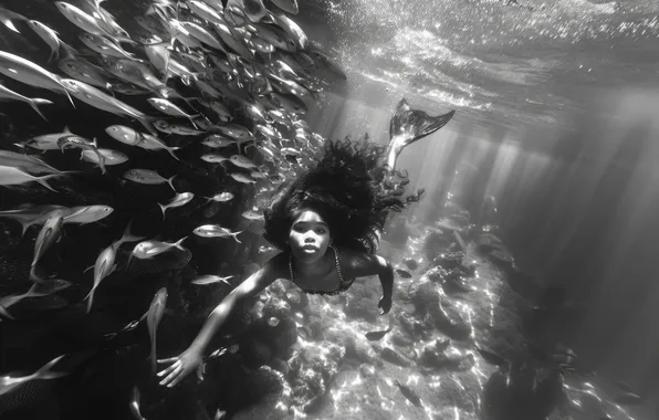 Picture Fish, Girl, Mermaid, Hair, Underwater world, Tail, Digital art, Black and white