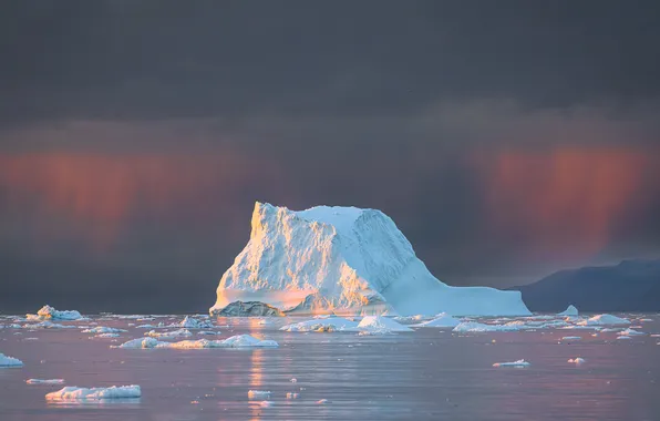 The sky, light, clouds, shore, iceberg, ice, floe, pond