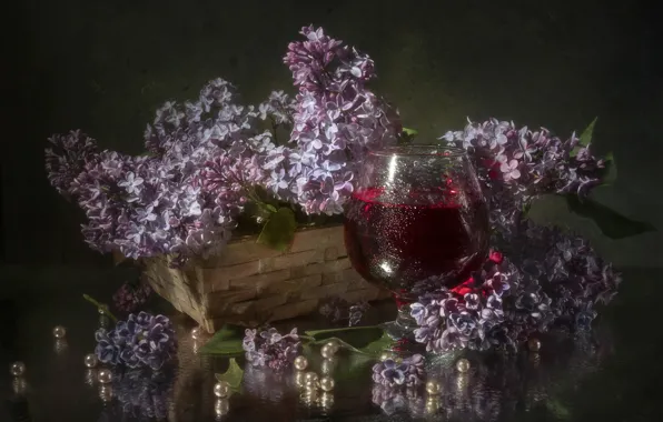 Picture branches, glass, drink, still life, beads, basket, lilac, Vladimir Volodin