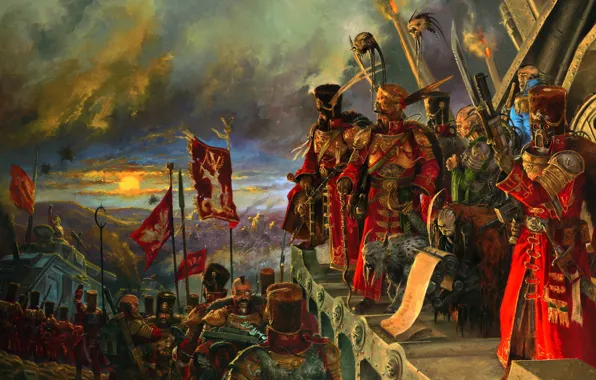 Picture the sky, horizon, fighters, Warhammer 40k, army, generals, banners
