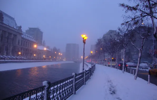 Picture winter, snow, fog, street, the evening, lights, track, channel