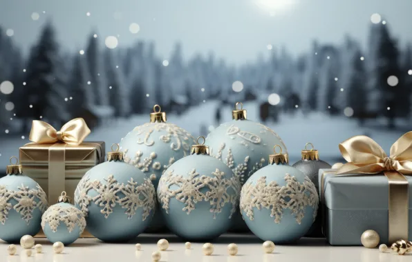 Winter, snow, decoration, snowflakes, balls, New Year, Christmas, gifts