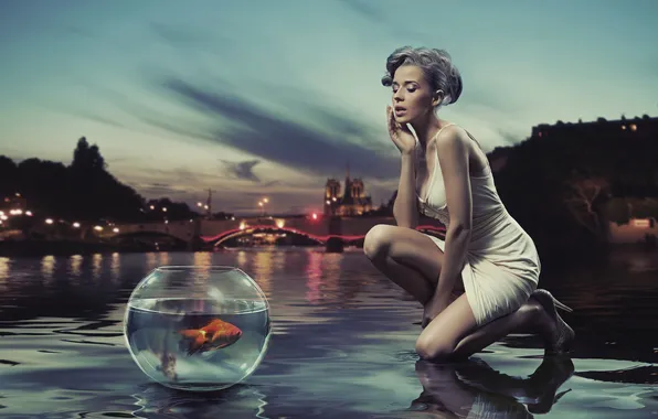 Girl, bridge, lights, reflection, aquarium, fish, blonde, twilight