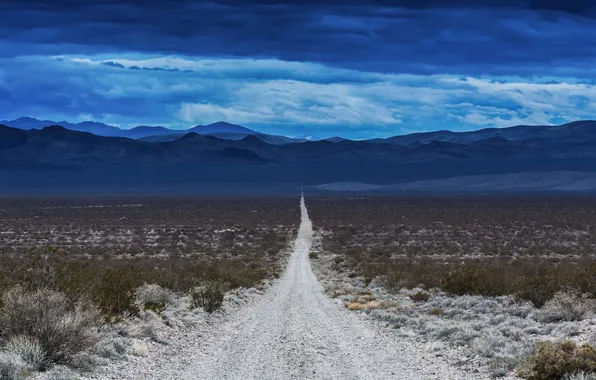 Road, the sky, clouds, mountains, hills, desert, horizon, Nevada
