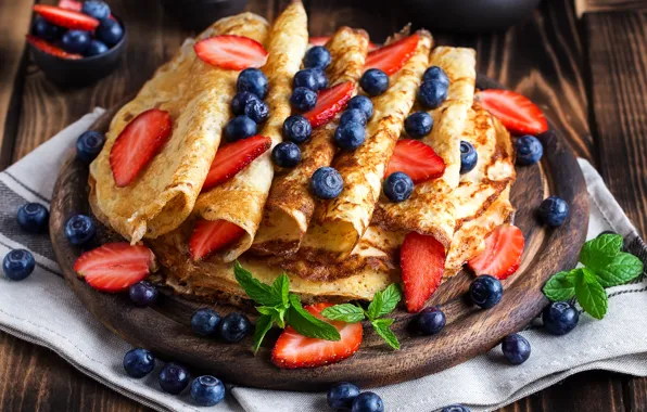 Picture berries, strawberry, yummy, pancakes, mint, blueberries