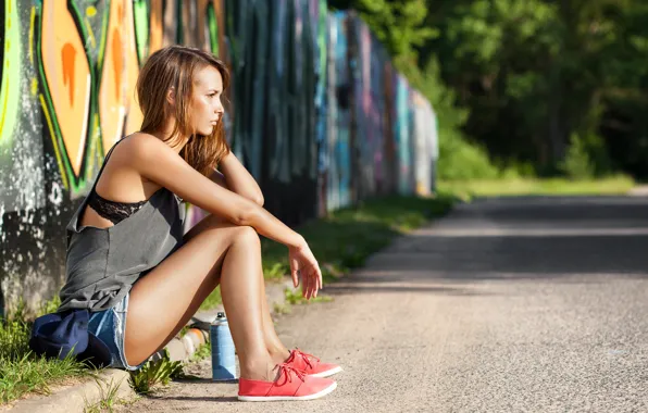 Picture look, girl, street, hair, profile, sitting