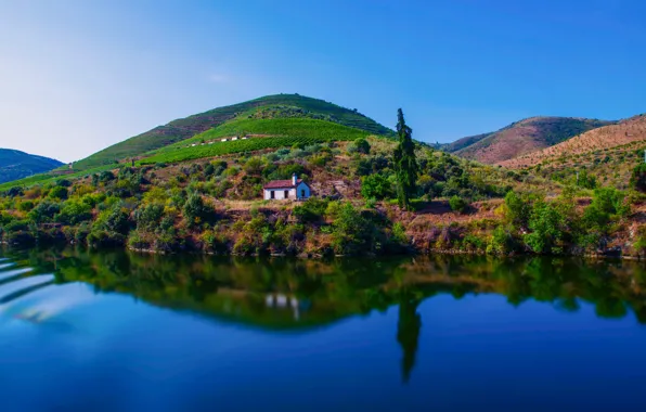 House, reflection, river, hills, Portugal, Portugal, Douro River, The River Duero