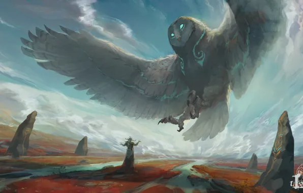Picture look, clouds, owl, wings, fantasy, art, deity