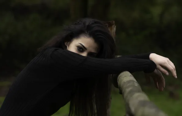 Girl, Grass, Brunette, Green, Forest, Sight