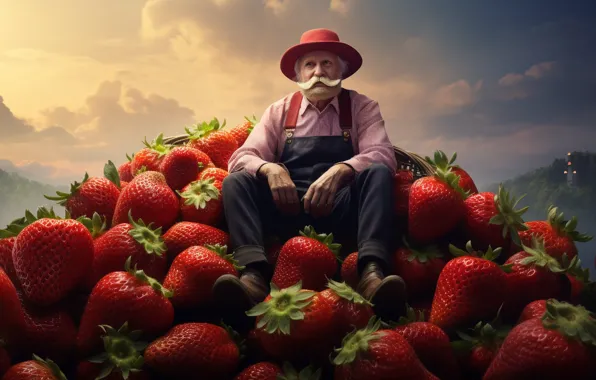 Mustache, clouds, berries, fantasy, mountain, hat, harvest, strawberry