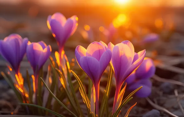 Light, flowers, glade, spring, crocuses, lilac, Krokus, bokeh