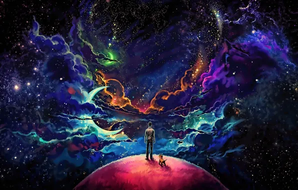 Picture space, nebula, planet, dog, guy