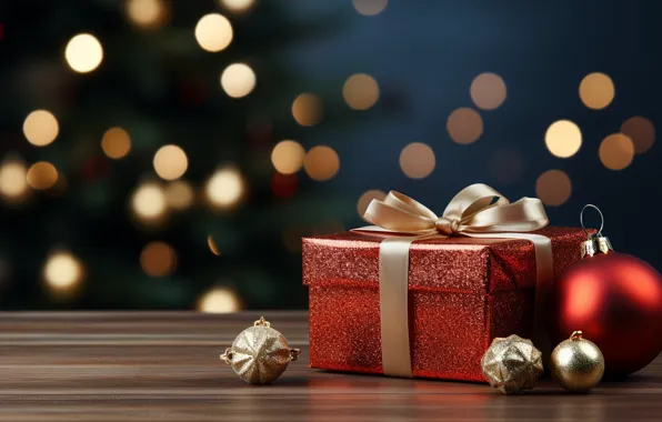 Balls, gift, Christmas, New year, bow, bow, Christmas decorations, gift box