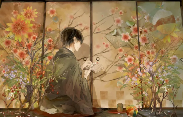 The ball, screen, guy, Japanese clothing, in the room, in profile, tatami, floral pattern