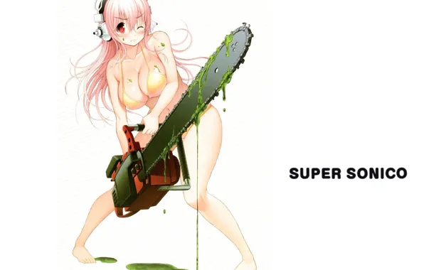 Headphones, white background, bikini, art, mucus, chainsaw, pink hair, Sonic