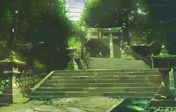 Trees, ladder, torii, Toro