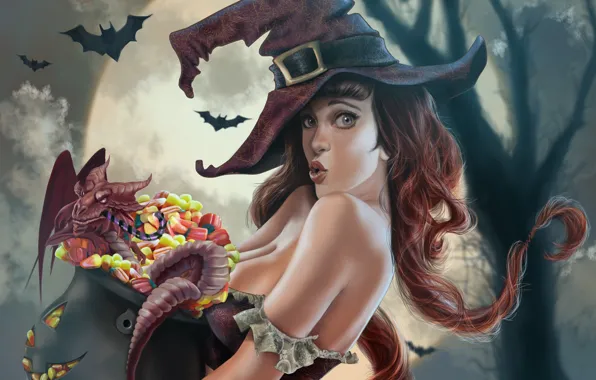 Picture chest, girl, night, tree, the moon, dragon, hat, art, sweets, witch, bats, halloween, boiler