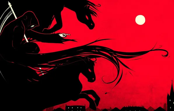 The city, death, the moon, horses, art, braid, hunting, red background