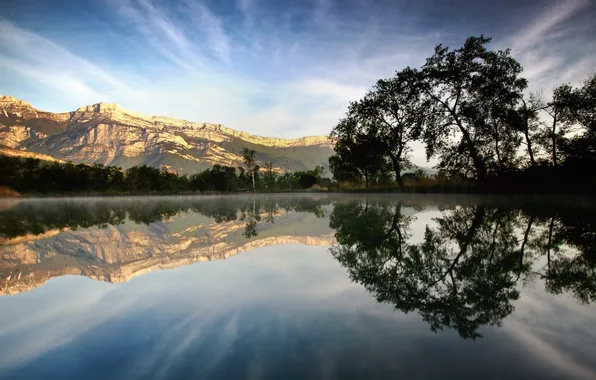 Clouds, trees, mountains, lake, reflection