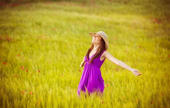 Picture field, freedom, girl, joy, happiness, flowers, nature, smile