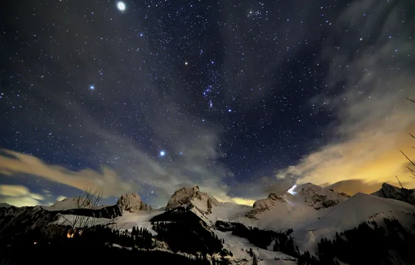 The sky, stars, snow, landscape, rocks