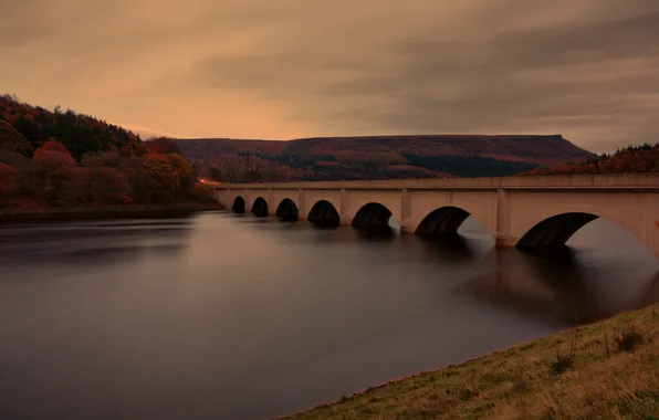 Autumn, trees, bridge, river, hills, arch