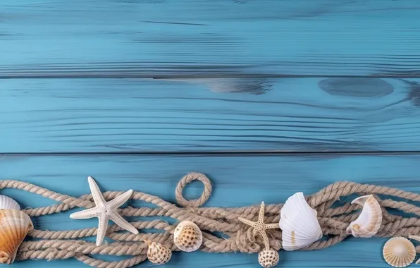 Board, rope, shell, rope, shell, starfish, blue background, composition